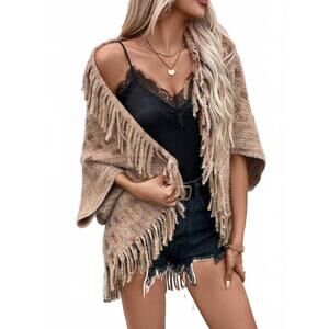 NEW FAIRE fringe open front half sleeve cardigan in camel